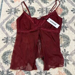 Garage Burgundy Floral Lace Mesh Chemise with Bow Accent